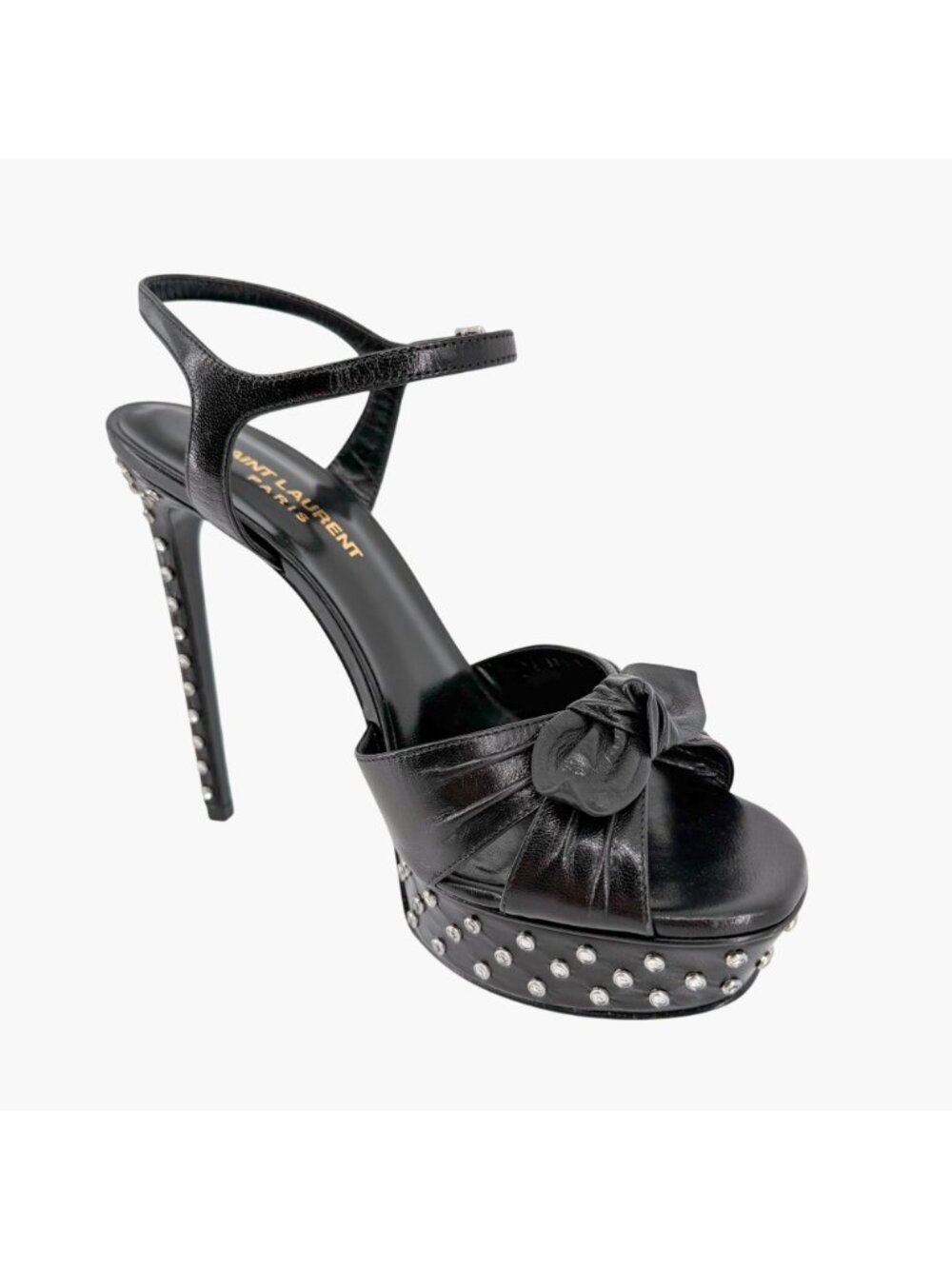Saint Laurent Crystal Platform Sandals Heels Black Leather Size 39.5 US 9.5 Bow - Picture 12 of 16